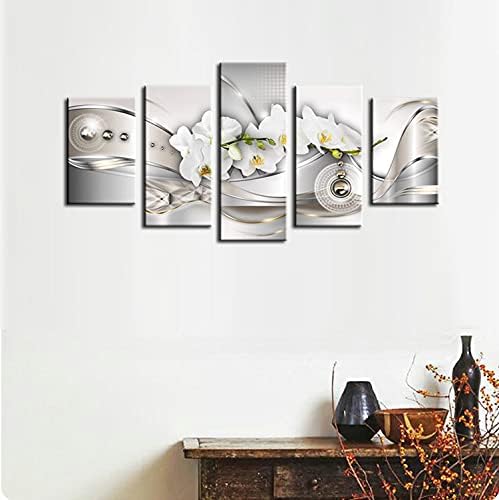 Гигант живописно цвеќе платно wallидни уметности, бисер орхидеи, печатени уметнички дела модерни декор 5 панели сликање бела цветна HD слика спална