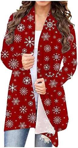 Christmasенски Дедо Мрчанец Кардиган Божиќ со долг ракав Отворен предниот џемпер од надворешна облека плус џемпер со големина