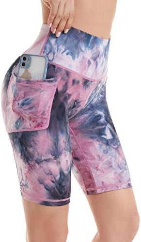 Женски велосипедисти шорцеви со џебови 8 Голем тренинг на половината, јога -вратоврска боја мека спандекс атлетски велосипедски