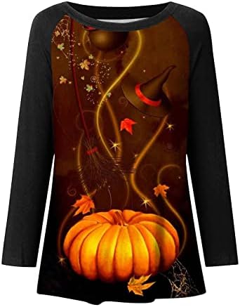 Амикадом бургундски жени маичка есен летен долг ракав 2023 облека екипаж на вратот памук графички одмор Ноќта на вештерките Бренч Топ ТЕЕ за