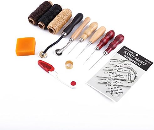 Комплет за кожни занаетчиски алатки за шиење, 13 парчиња рака DIY зашивање поставена нишка Awl восок за восок за почетници и умешни, комплети за резба во кожа