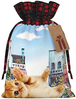 Божиќни Торби За Подароци Со Врвки Мачка-Аниме-Јапонија Бафало Карирана Чанта За Влечење Забава Ги Фаворизира Чантите