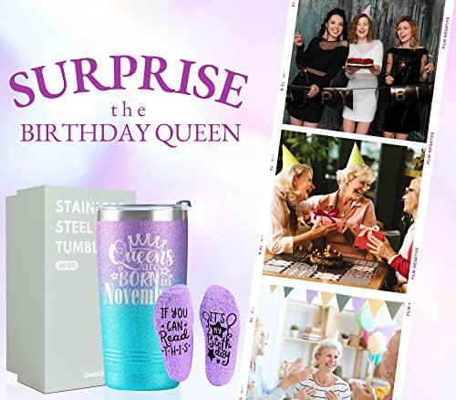 Подароци за роденден на OneBttl за жени, Среќен роденден Тумблер за неа, пријатели, 20 мл изолирана чаша со смешни чорапи, сјајна виолетова, кралици