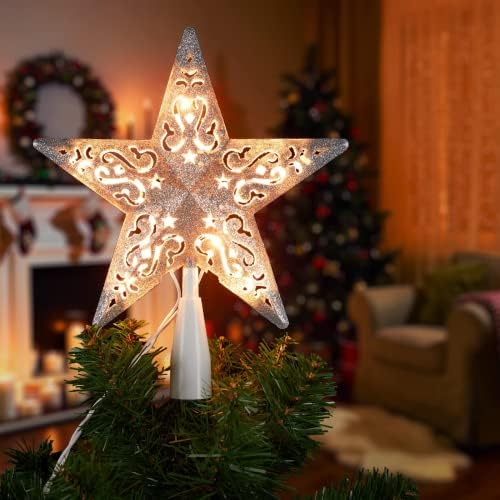8 ”Божиќно дрво Topper Silver Silver Silver Flattered Hollow Star Topper изграден во 10 светилки String Lights 3D Star Treetop