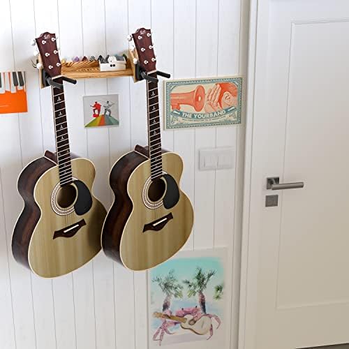 Jackеккубе Дизајн на гитара wallидна решетка за решетки за двојна гитара со држач за полици и избор за акустична, електрична, класична,