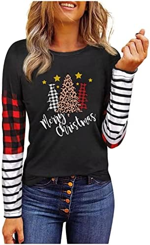 Среќна Божиќна маица женска шарена карирана кошула со долги ракави, Божиќни леопард печатени маици од празници за празници графички врвови на врвови
