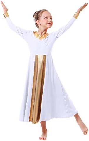 Ибаком девојки металик злато v-вратот пофалби танцувачки фустани литургиска црква лабава одговара на целосна должина во боја блок богослужба
