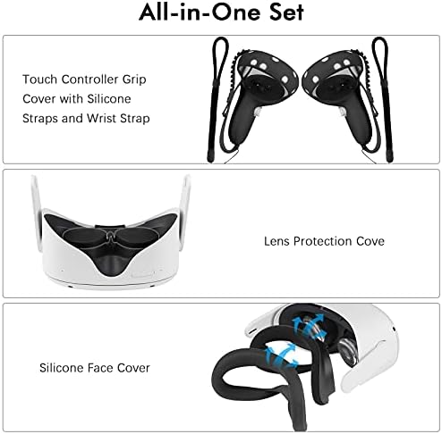 Додатоци за Oculus/Meta Quest 2 со VR Cover Face, Controller Controller Grip и заштитен капак на леќи, изработени од премиум силиконски, додатоци