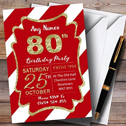 Црвени Бели Дијагонални Ленти Злато 80-Ти Персонализирани Покани За Роденденска Забава