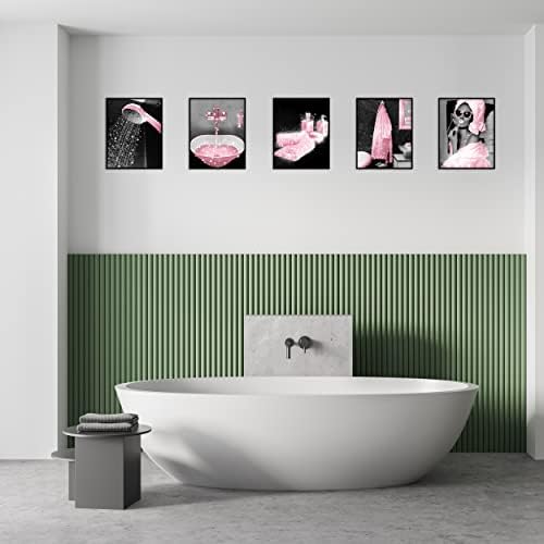 Модна wallидна уметност бања, wallид декор отпечатоци сет од 6 црно -бели розови глам сјајни платно постери слики слики смешни бања уметнички