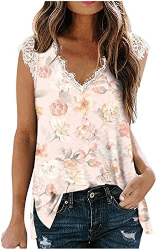 Лабава блуза маички за жени чипка за чипка V вратот летен без ракави маици со цвет печатење обичен блуза врв
