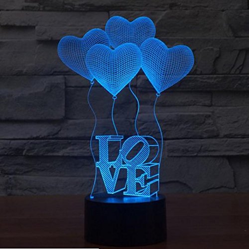 JCARE 3D Visual Four Four Love Heart LED сијалица Оптичка илузија Шарена LED табела за ламба Допир романтичен одмор ноќни светлосни