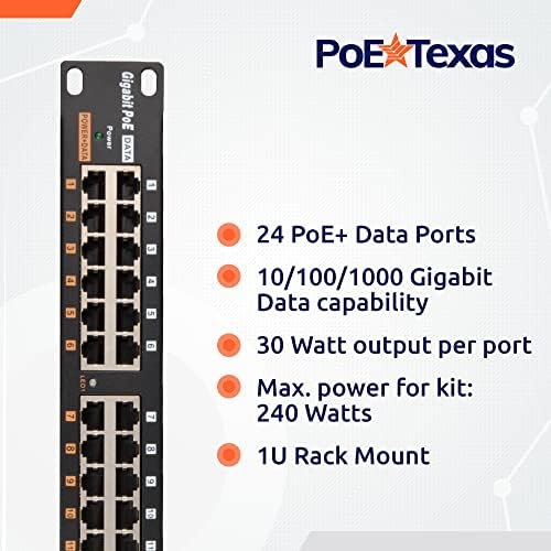 PoE Texas 24 Multi Port POE+ Injector со напојување со 48V 240W - 10/100/1000 Gigabit Passive Power Over Ethernet значи разноврсност - 30W POE инјектор за WiFi Access Point, PTZ камера, IP телефон