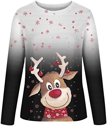 Womenените Божиќ симпатична пулвер трендовски 3Д цртан филм елк графички џемпер врвот на долги ракави градиенти влезови паѓаат облека пад на облеката