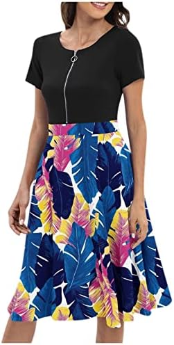 Fragarn женски летен случај на лето печатено кратки ракави со v-врат zip џеб ретро половината фустан
