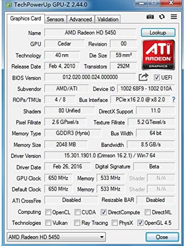Saplos Radeon HD 5450 Graphics Card, 2 GB GDDR3 64-битен, HDMI DVI-I VGA, PCI Express X16, DirectX 11, Видео картичка за компјутер, компјутерски графички процесор, 2 монитори Поддршка