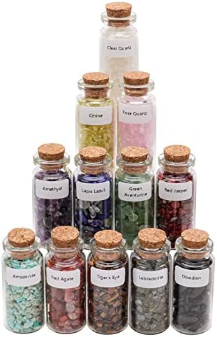 Снабдување со вештерки на конзинот, сет од 12 различни скапоцени камења кристали во стаклени шишиња, кристален чип природни реики лековити