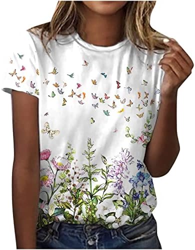 Јуниори цветни графички лабави вклопени маички екипаж на вратот блузи маица кратки ракави бранч лето есен маици облека