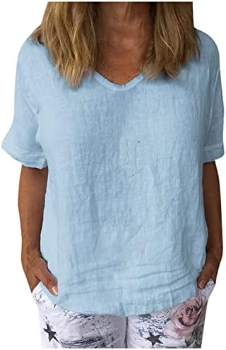 Кошули за постелнина од Beuu за жени o вратот цврста блуза врвови женски летен случај на кратки ракави маица плус големина