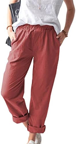 Pantsенски памучни постелнини панталони, жени цврсти високи половини лабави остатоци од остатоци од панталони удобни панталони трендовски панталони за пешачење со ?