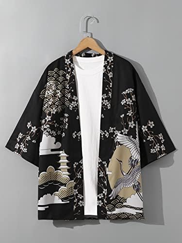 Машки цвеќиња на машка и кран за печатење јапонски стил кимоно ти