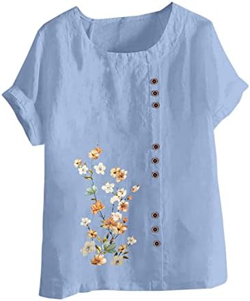 Маички за жени летни обични памучни ленени врвови на ленени плус големина цветни печатени слатки маички лабави вклопувани блузи