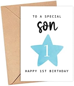 Moltdesigns на специјален син - Среќна 1 -та роденденска картичка - 1 -годишна возраст - една година - Прва роденденска картичка за момчиња