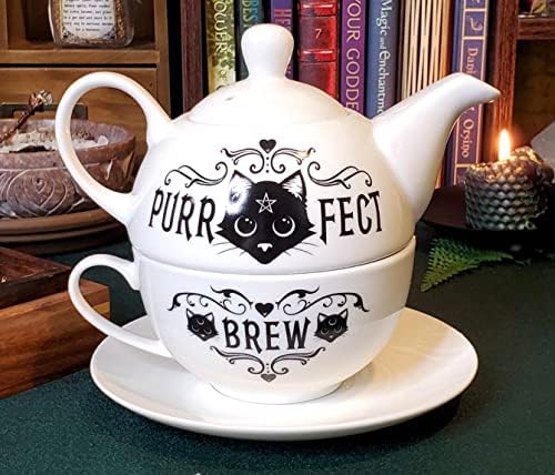 Еброс подарок готски алхемија порцелански панел Пентаграм мачка чиста плоча за пијалак магичен казан за чај и чаша со чинија со чиз