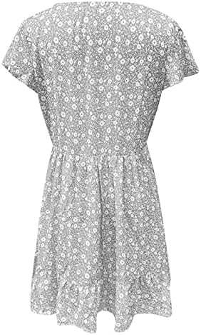 Luthенски летен краток ракав за летово v вратот миди фустан занишано копче за печатење со цвеќиња надолу фустани фустани фустани фустани