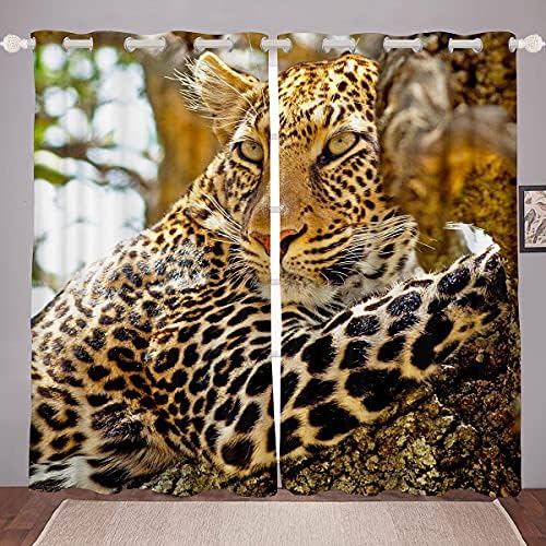 Леопард Завеса Панели Африкански Сафари Животни Прозорец Завеси За Деца Момчиња Лежи На Дрво Прозорец Завеси Гепард Џунгла Дивиот