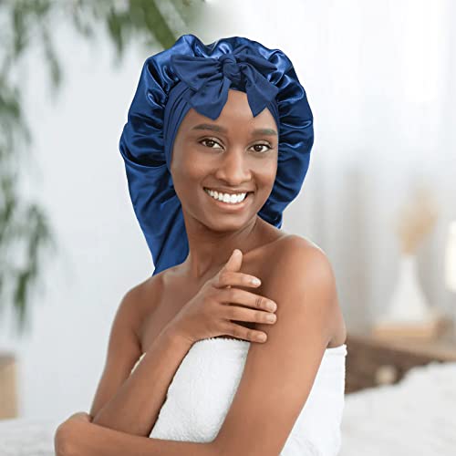 Објавена долга сатенска хауба за жени - еластична свилена хауба со двоен слој за плетенка капаче за спиење на коса со врзана лента