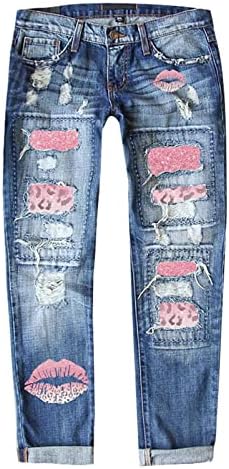 Женски фармерки со високи половини уништени искинати потресени лекалички фармерки на в Valentубените копче за летање со џеб со џеб