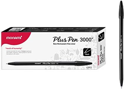 Monami Plus Pen 3000 Felt Pens Pens, Fine Point, Fine Liner, Пишување/Journaling/Белешка од дома, училиште и канцеларија, црна, 12-броеви