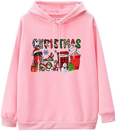 Божиќни дами случајни цврста боја печати со долга ракав пулвер со качулка со џемпери за џемпери за жени за жени