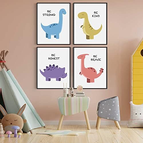 Постери за wallидни уметности на диносаурус, сет од 4 мотивациони цитати за украси за украси за расадник и детска соба, тираносаурус,