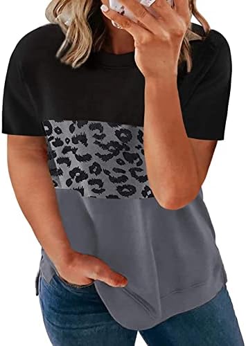 Тинејџерски девојки преголема кошула со кратки ракави памучни екипаж вратот на вратот графички леопард печатење шарена блуза кошула жени