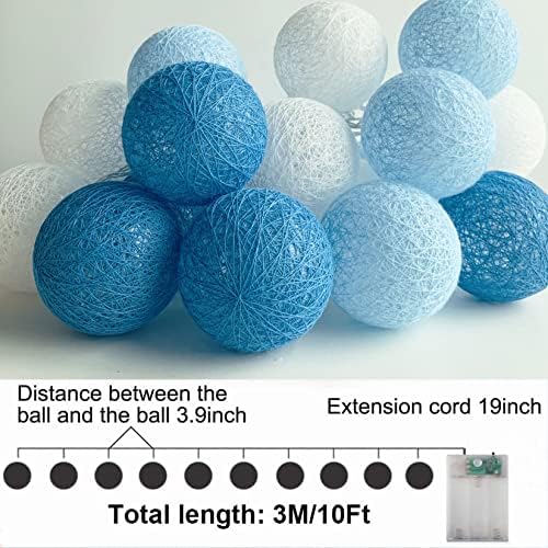 Qiaoidea сини памучни топчиња жица светла пом пом светла за спална соба игротека 3m/10.2ft 20 LED диоди самовила за спална соба, стан, свадба,