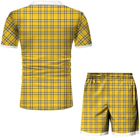 XXBR MENS LUTHIT 2 PIECTS CHECKED CRAID PRINT Краток ракав Зип Поло голф кошули шорцеви поставени опуштени вклопувачки спортски