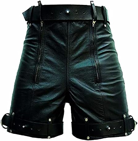 Менс вистинска црна кожа шорцеви за ропство со кратки чистоти со заклучување на задниот патент блуф геј