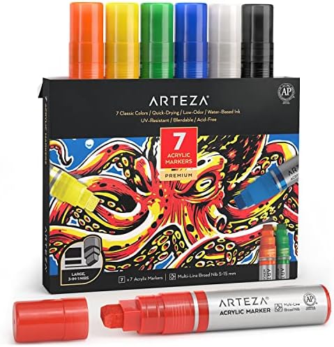 Маркери за акрилна боја Артеза, 7 акрилни пенкала за боја во класични бои, 3-во-1 мулти-линиски грицки, линија од 5-15 мм, УВ-отпорни, Уметнички