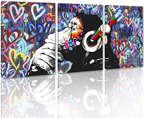 3 панели Banksy Canvas Wall Art Graffiti Orangutan wallид декор Мајмун Слушајте музички уметнички дела апстрактни разнобојни слики Урбано