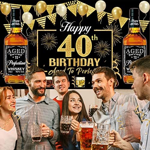 Виски среќен 40 -ти роденденски банер за забави украси за мажи, црно злато на возраст до совршенство 40 резерви за роденденска забава, расположи