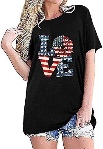 Womenенски американски кошула со кратки ракави на кратки ракави врвови на екипажот, обичен туника, тинејџерски симпатични графички маици