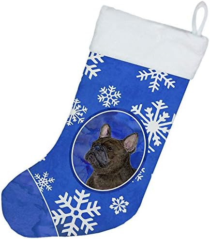 Каролина богатства SS4657-CS Француски булдог Зимски снегулки празник Божиќно порибување, камин виси чорапи Божиќна сезона забава