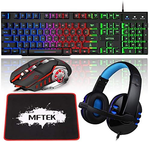 MFTEK RGB Rainbow Backlit Gaming Tellud и Combo Combo, Blue осветлена компјутерска игра со микрофон, голема подлога за глувче за