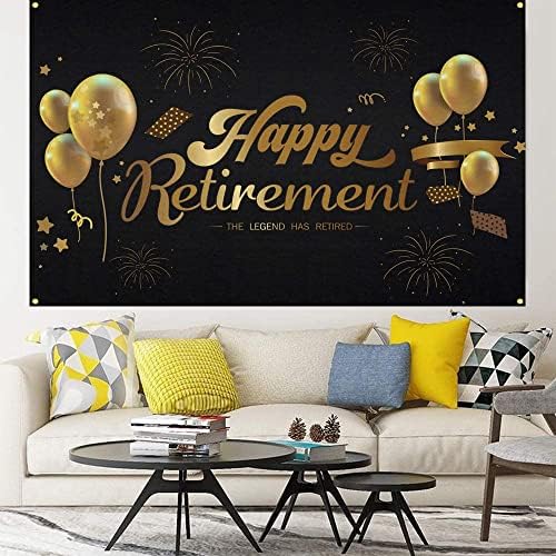 Среќна пензија за позадина на заднината на банер, црни и златни честитки за пензија за пензија за пензионирање Теми украси за жени