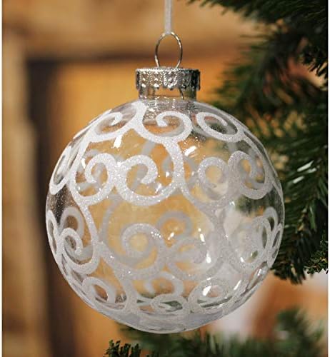 Слаби Божиќни украси, бели вртлози и снежни топки распрскувани украси за новогодишни украси, големи 4,72 “со закачалки со ленти
