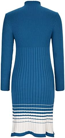 Oplxuo женски ребра со долг ракав џемпер фустан, исмејуван врат, тенок, вклопена во а-линија плетени миди фустани во боја блок поглава туничен