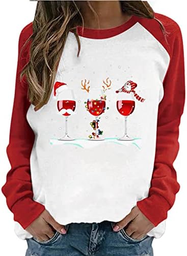 Блок во боја на долги ракави за жени, за жени, обични екипаж џемпери Божиќни печатени кошули за бејзбол пуловер