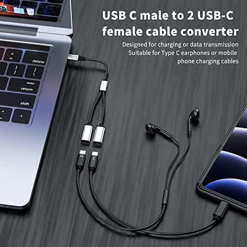 USB C до USB Cенски адаптер USB Y Splitter Cable, USB C MALE до 2USB-C Femaleенски конвертор на женски кабел, двојно двојно USB C порт-центри USB C сплит адаптер за Mac, Xbox One, PS5, лаптоп